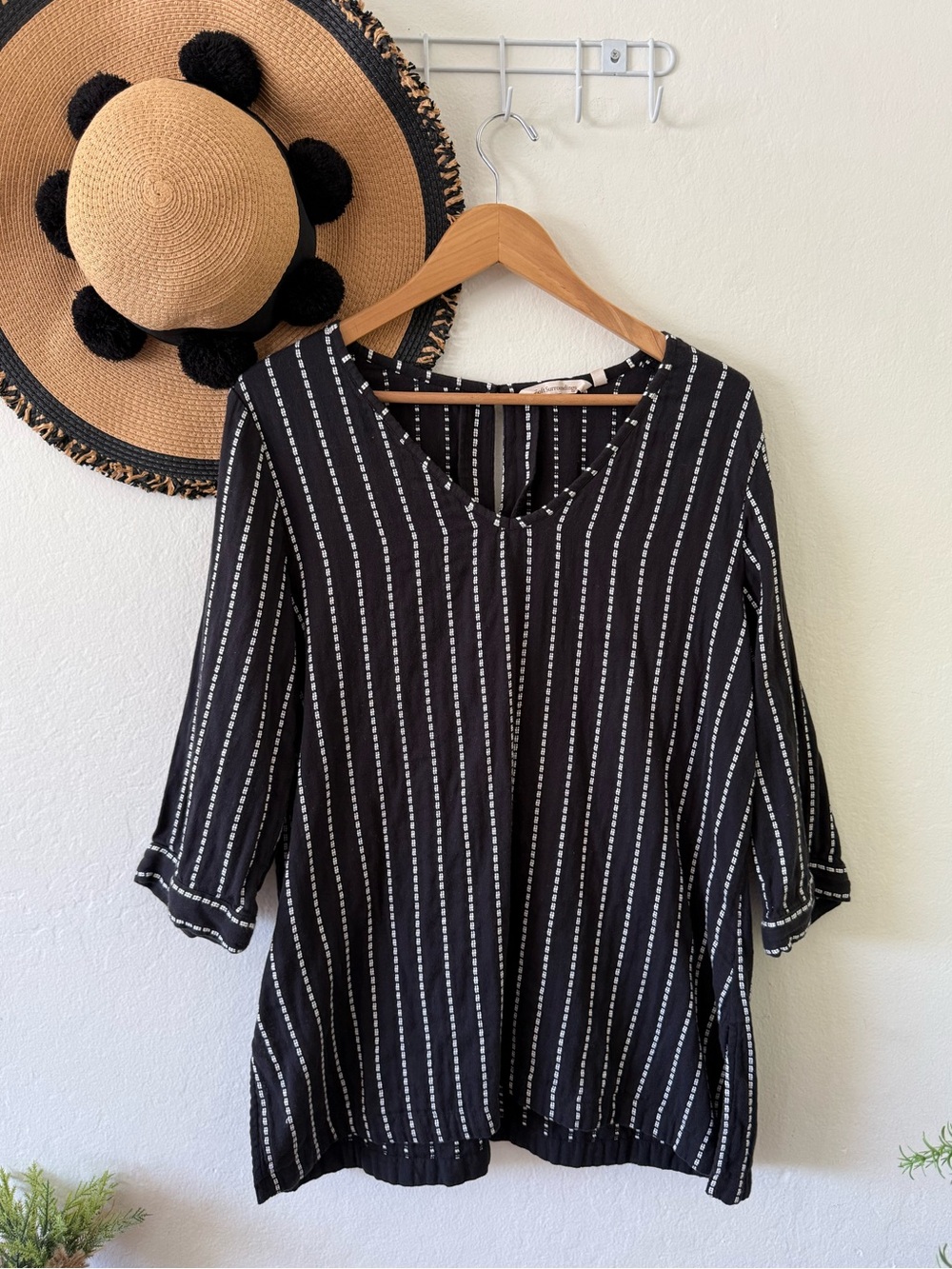Soft Surroundings Raya Black & White Stripe Cotton Tunic Top Lagenlook SZ Large